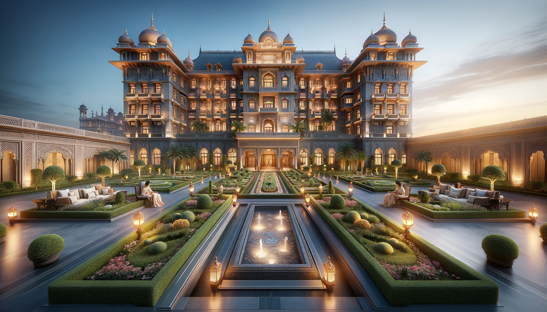 a hotel with beautiful greenery and fountains in India.