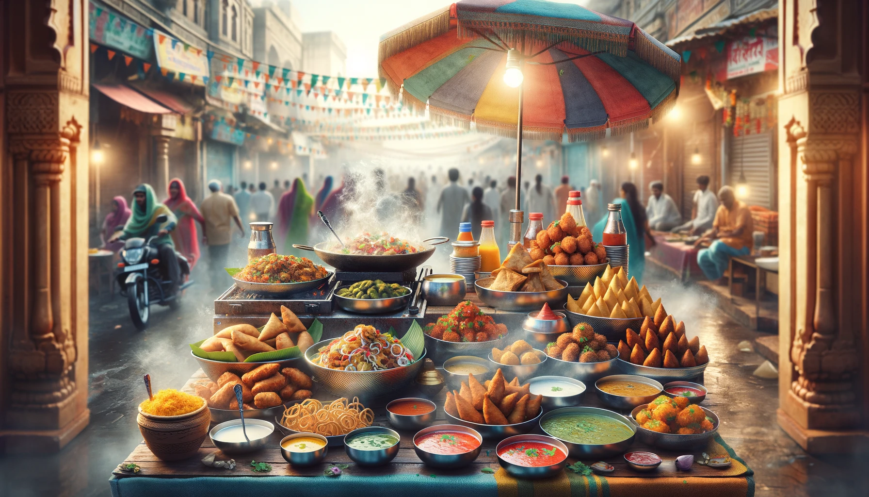 an Indian street food, including samosas, chaat, pakoras, and a variety of chutneys, with steam rising from a hot grill.
