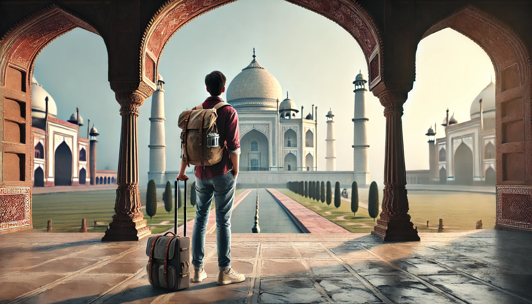 A tourist standing alone in front of the Taj Mahal, dressed in casual attire, with the iconic landmark beautifully framed in the background and no other people around.