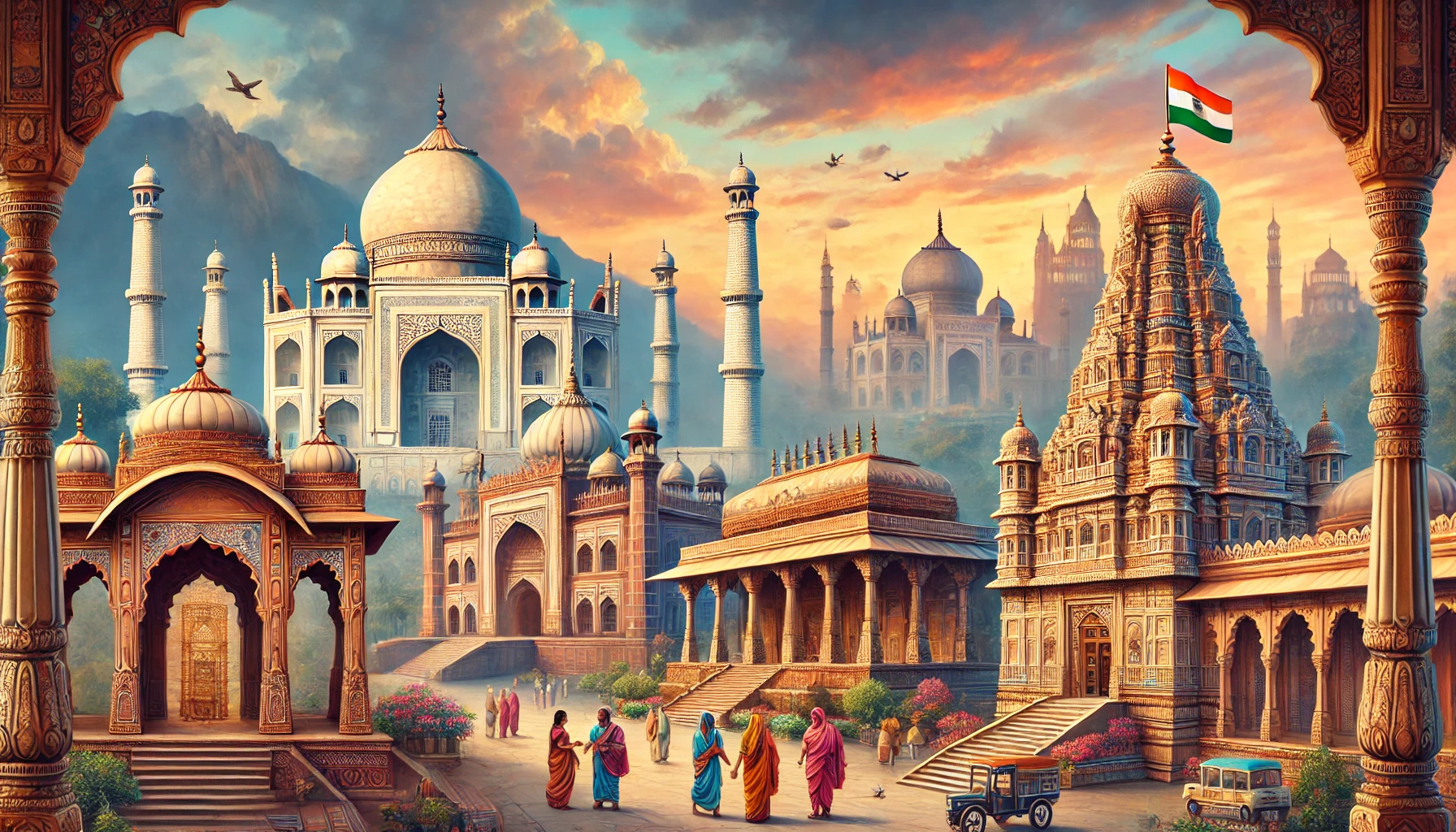 A grand view of India's diverse architecture, featuring iconic buildings like the Taj Mahal and ancient Hindu temples in the background.