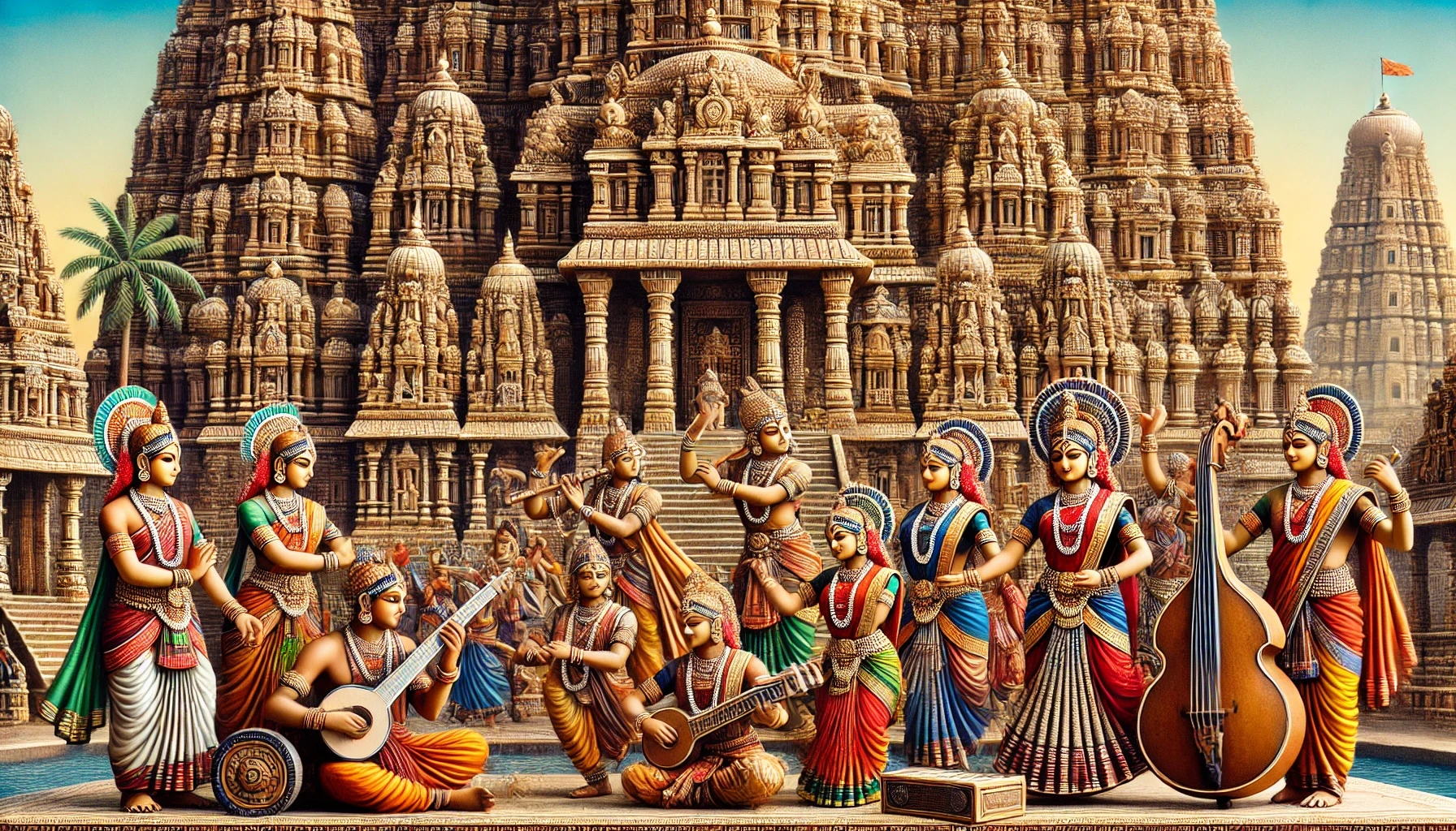 India's artistic heritage, showing iconic art forms like Bharatanatyam dance, musicians playing traditional instruments like the sitar, and elaborate temple architecture in the background.