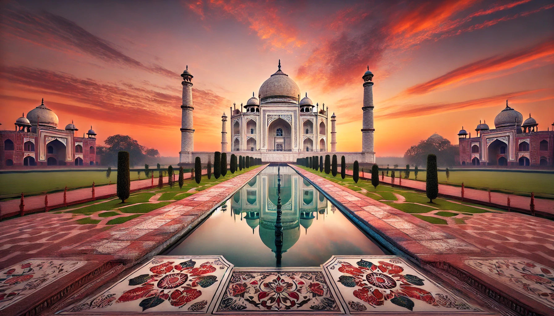 A majestic Indian architectural marvel, featuring the Taj Mahal during sunset.