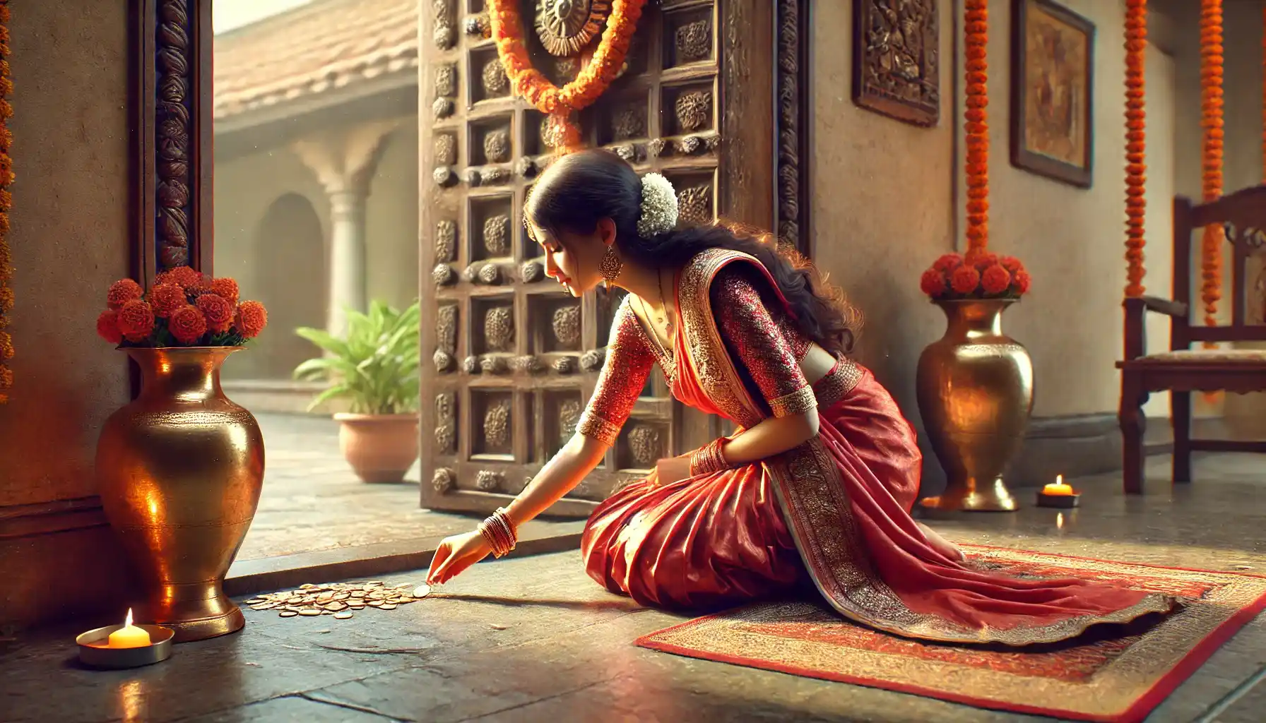 An Indian woman in traditional attire is carefully placing a coin under the doorstep as part of a cultural ritual for good luck.