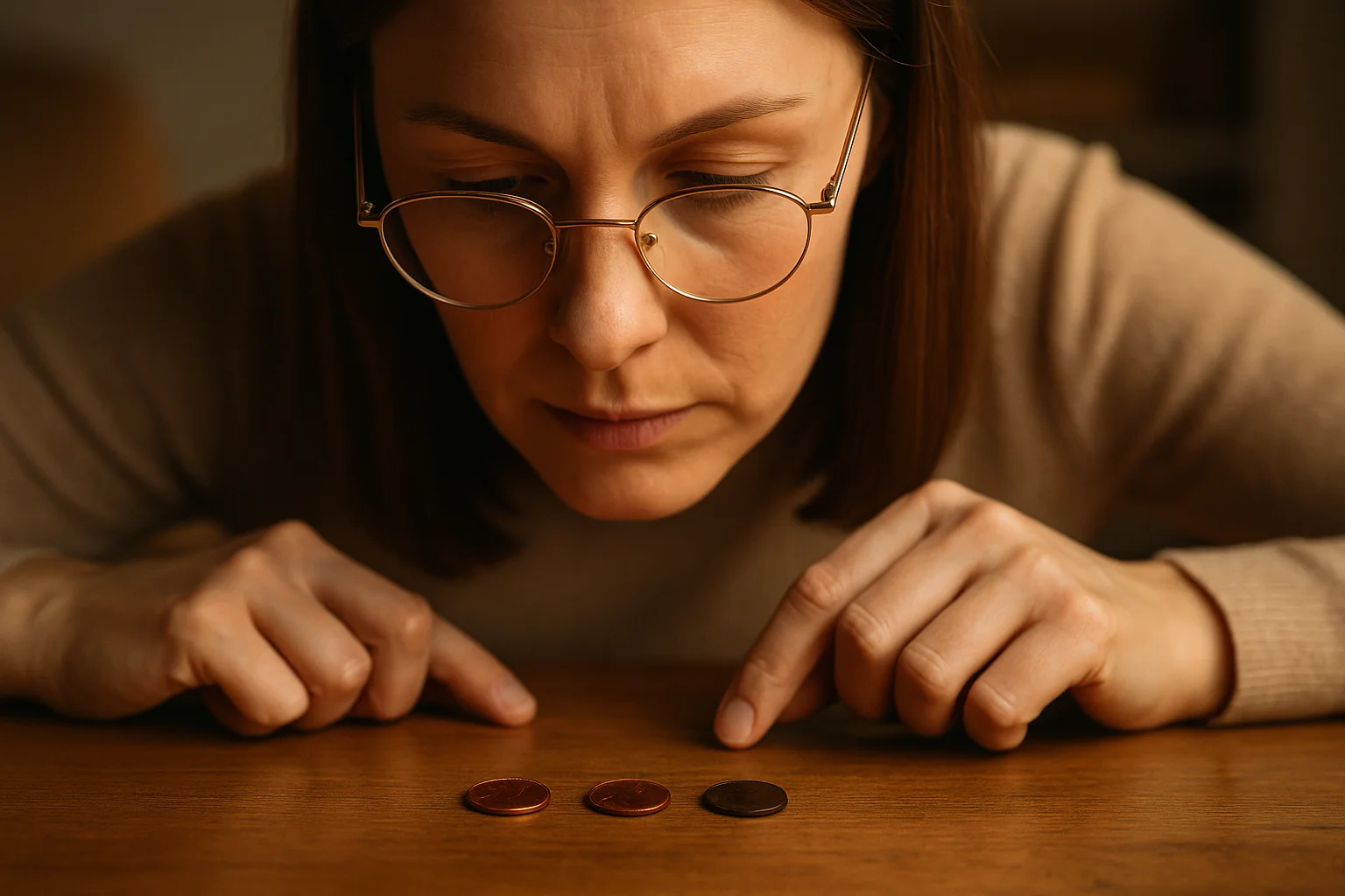 A woman examines three Lincoln Wheat Pennies of different shades: red, red-brown, and brown, as warm light highlights their distinct copper tones.