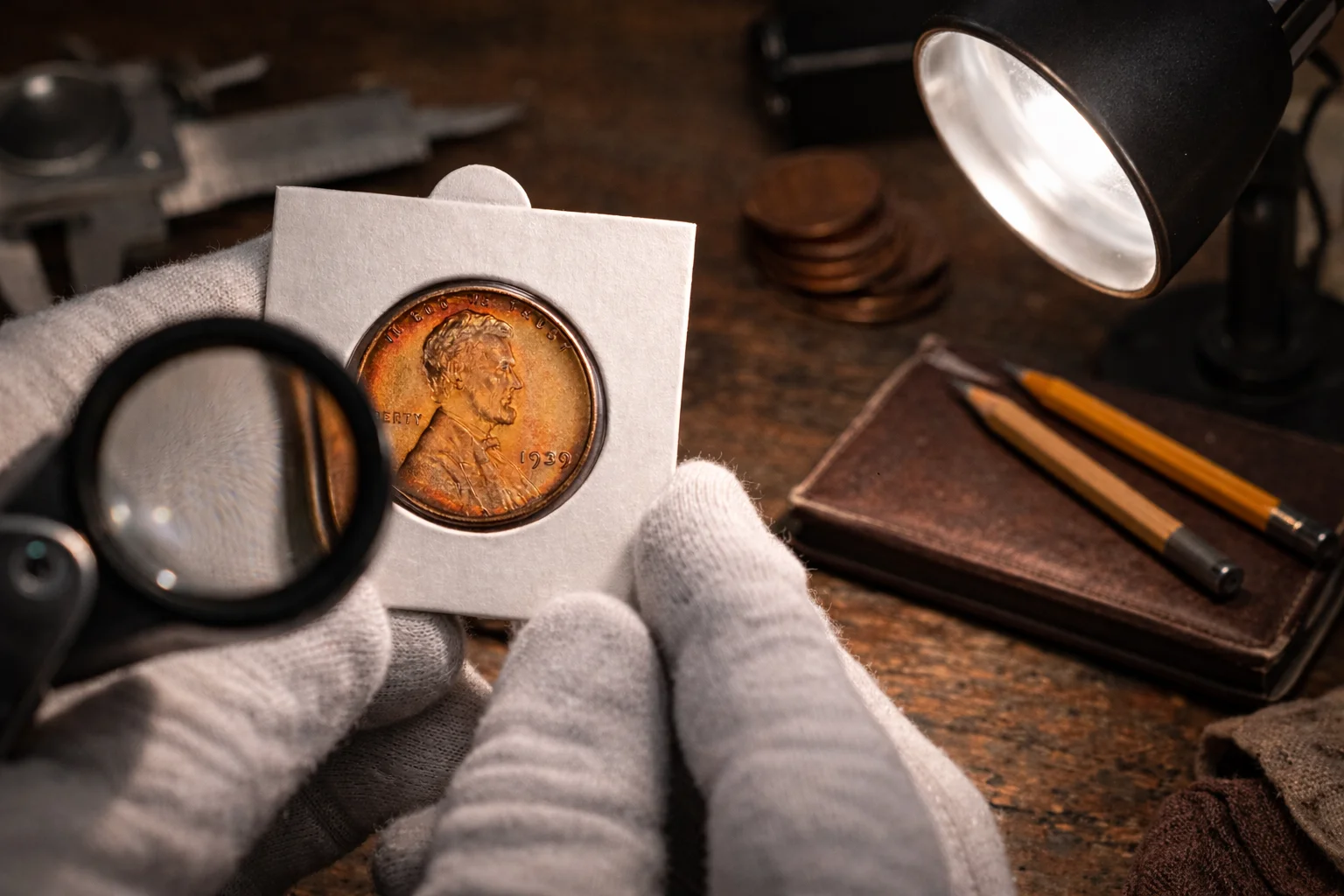 Gloved collector examines a 1939 Lincoln cent in a 2x2 holder under a desk lamp with a loupe.
